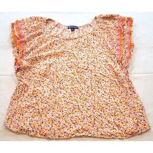 Democracy Women's L Orange Floral Top Blouse Layered Ruffle Sleeves Boho Relaxed